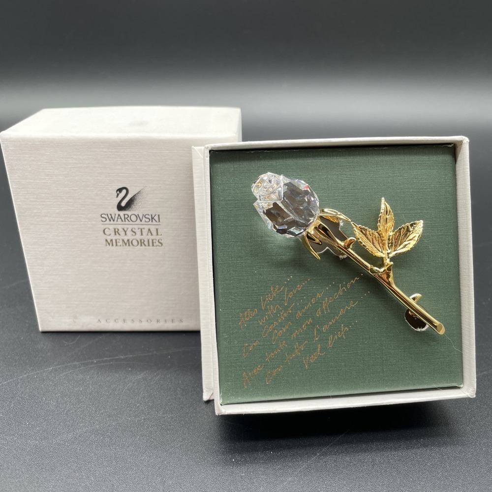 Swarovski Crystal Memories Rose Brooch Pin Gold Tone 3" w/ Original Box